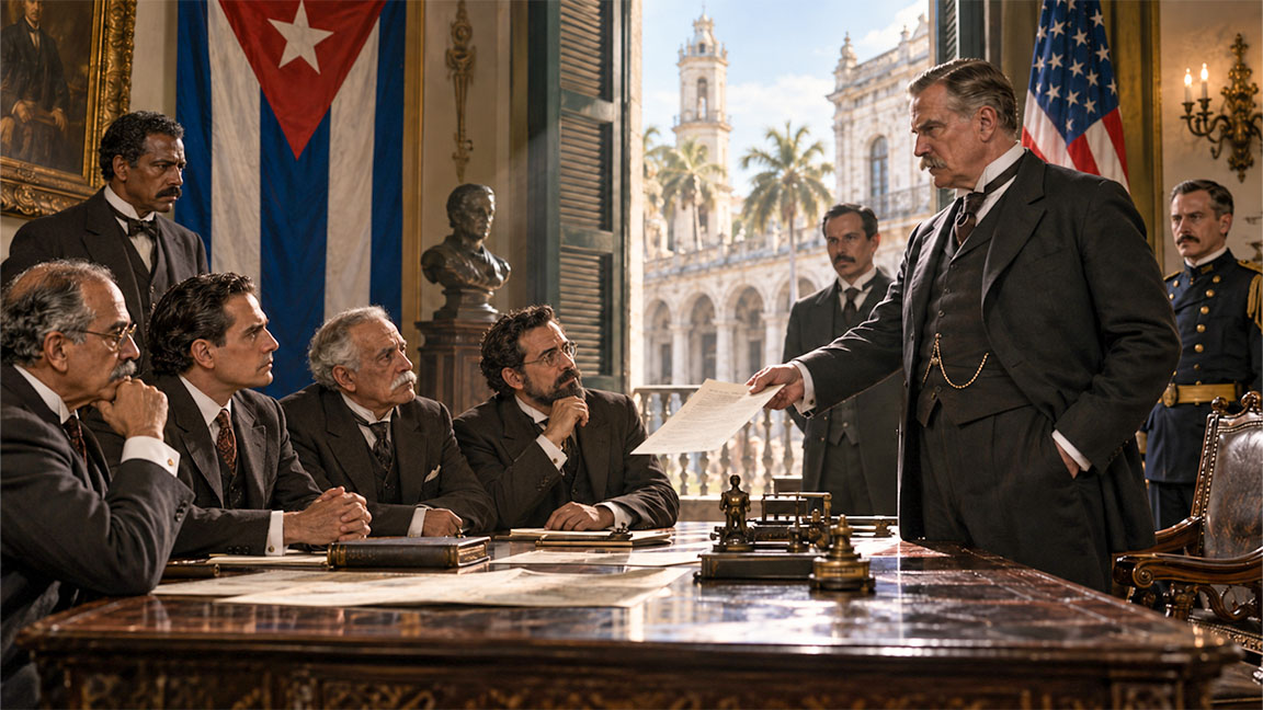 Cinco delegados de la Asamblea Constituyente cubana reunidos en 1901 con el secretario de la Guerra Elihu Root en su despacho de Washington.