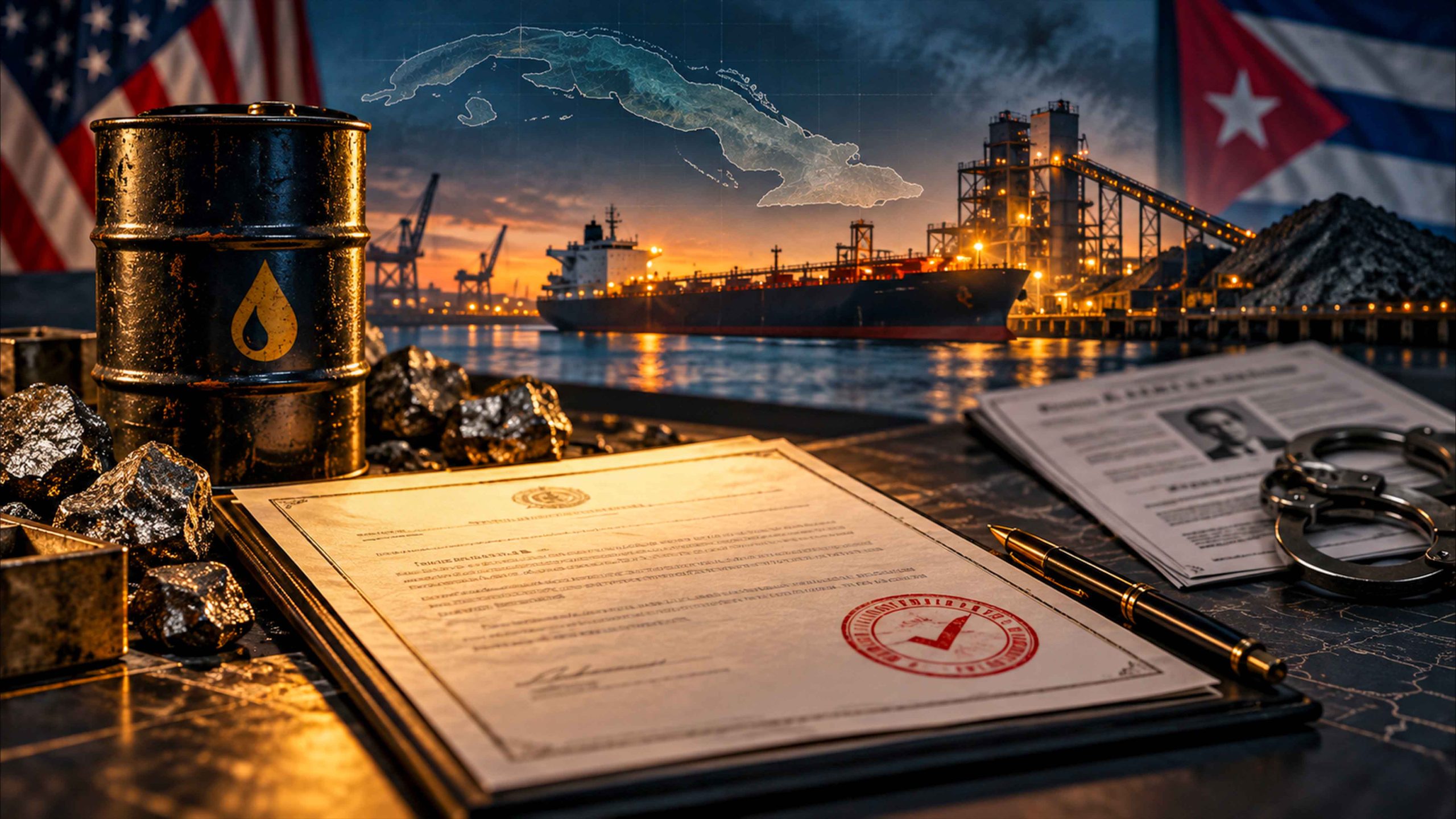 Tanque de combustible y trozos de mineral de níquel sobre una mesa, junto a una licencia oficial sellada y unas esposas, con un buque carguero en un puerto al atardecer y las banderas de Estados Unidos y Cuba al fondo.